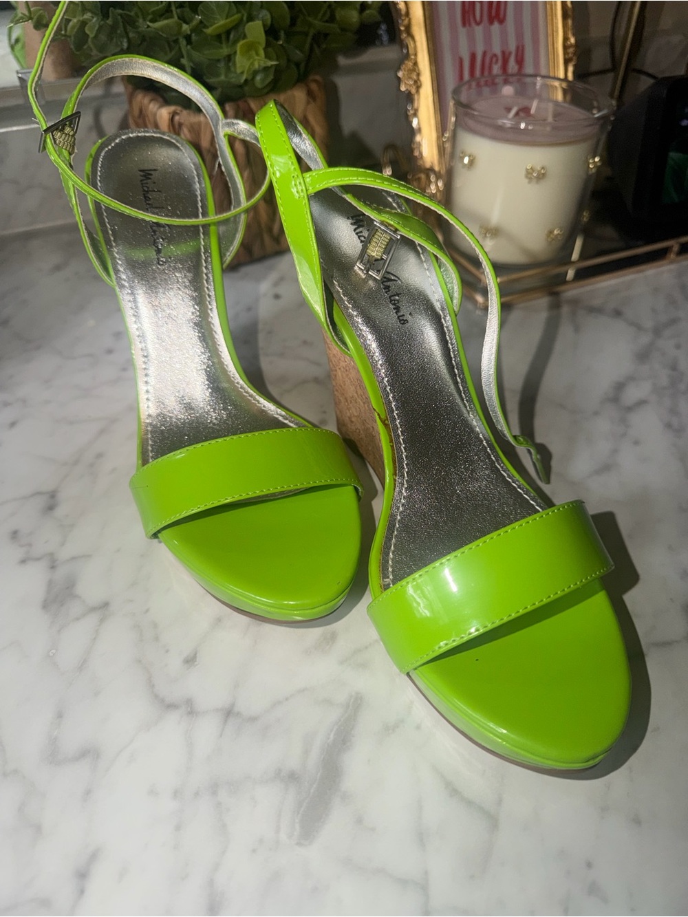 Michael Antonio Neon Green Patent Cork Wedge Sandals
